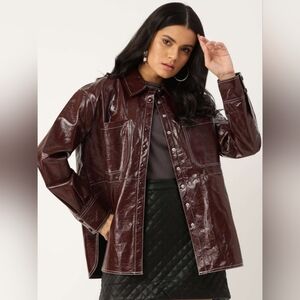 MNG Mango Faux Leather Shacket Button Down Shirt Maroon‎ Size 6